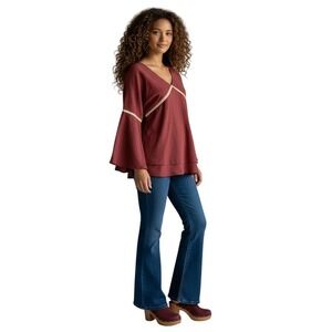 Listicle V-Neck Layered Long Bell Sleeves Small Boho Lace Trim Top 70s Retro NEW